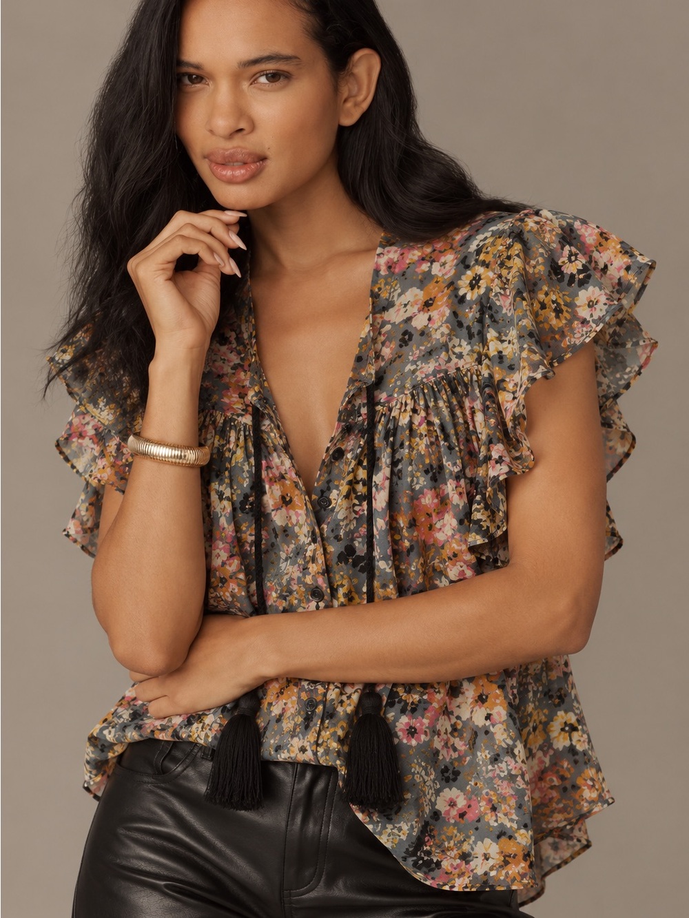 Anthropologie bishop + young Multicolor Floral Ruffle V-Neck Blouse with Tassels